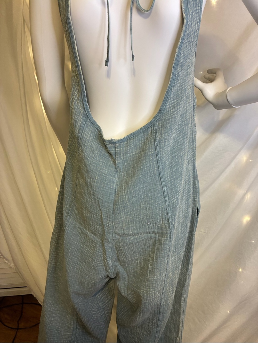 Zenana Dusty Blue/Cream Wide-Leg Square-Neck Jumpsuit (display small) - Picture 5 of 11